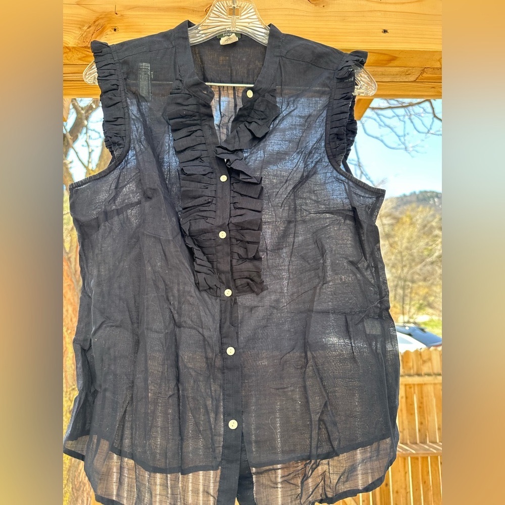 J Crew Sleeveless Ruffle Dark Blue Navy Button Down Top size 10 - Picture 2 of 7